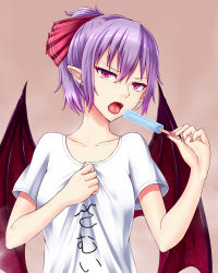Rule 34 | 1girl, alternate costume, brown background, clothes writing, collarbone, fangs, food, hair between eyes, hair ornament, high ponytail, highres, holding, ice cream, nail polish, open mouth, pointy ears, popsicle, purple hair, red eyes, red nails, red wings, remilia scarlet, shirt, short hair, short sleeves, simple background, solo, touhou, white shirt, wings, zellam