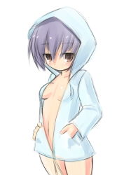 Rule 34 | 1girl, blue hair, breasts, female focus, hands in pockets, hood, hooded jacket, hoodie, jacket, kourourin, naked hoodie, open clothes, red eyes, short hair, simple background, small breasts, solo, white background