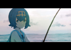 Rule 34 | 1girl, absurdres, aqua eyes, bad id, bad pixiv id, blue hair, closed mouth, cloud, commentary, creatures (company), day, eyelashes, fishing rod, game freak, gold hairband, hairband, highres, holding, holding fishing rod, lana (pokemon), letterboxed, melon syrup, nintendo, outdoors, pokemon, pokemon sm, short hair, sky, solo, water