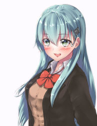 Rule 34 | 1girl, :d, aqua eyes, aqua hair, blush, bow, bowtie, breasts, cardigan, hair ornament, hairclip, highres, jacket, kantai collection, large breasts, long hair, open mouth, remodel (kantai collection), saplus, school uniform, simple background, smile, solo, suzuya (kancolle), upper body, white background
