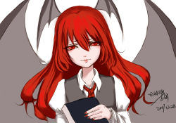 Rule 34 | 1girl, absurdres, bat wings, black vest, book, closed mouth, collared shirt, dated, dress shirt, dutch angle, eyelashes, eyes visible through hair, gu yao, hair between eyes, head wings, highres, holding, holding book, juliet sleeves, koakuma, lips, long hair, long sleeves, looking at viewer, nail polish, necktie, puffy sleeves, red eyes, red hair, red necktie, shirt, simple background, sketch, solo, touhou, translation request, upper body, vest, white background, white shirt, wings