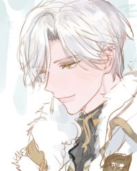 Rule 34 | 1boy, colored eyelashes, earrings, formal, grey eyes, jewelry, kartis claudith, kuzuvine, looking down, looking to the side, lord of heroes, pale skin, smile, white background, white hair