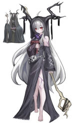Rule 34 | 1girl, absurdres, ahoge, aokuma (yuuran create), barefoot, bead necklace, beads, black dress, book, detached sleeves, dress, grey hair, highres, holding, holding book, holding staff, horns, jewelry, long hair, looking at viewer, necklace, original, red eyes, reference inset, skull, staff, veins, veiny arms, veiny thighs, very long hair, white background