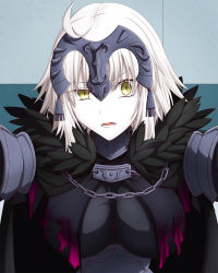 Rule 34 | 1girl, black cape, blonde hair, breasts, cape, fate/grand order, fate (series), feather trim, feathered cape, hasebe akira, highres, jeanne d&#039;arc (fate), jeanne d&#039;arc alter (avenger) (fate), jeanne d&#039;arc alter (fate), kabedon, looking at viewer, medium breasts, parted lips, raised eyebrow, short hair, solo, teeth, tongue, upper body, yellow eyes
