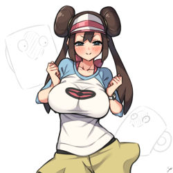 Rule 34 | 1girl, black pantyhose, blush, breasts, brown hair, cleavage, creatures (company), cup, double bun, drawing, game freak, green eyes, hair bun, highres, large breasts, long hair, nikuatsu magician shinbo, nintendo, pantyhose, pokemon, pokemon bw2, raglan sleeves, rosa (pokemon), shirt, signature, skirt, smile, solo, squinting, tight clothes, tight shirt, twintails, visor cap, watch, white background, wristwatch