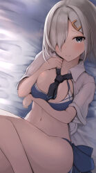Rule 34 | 1girl, absurdres, bikini, blue bikini, blue eyes, blue necktie, breasts, collared shirt, cosplay, dress shirt, feet out of frame, grey hair, hair ornament, hair over one eye, hairclip, hamakaze (kancolle), highres, kantai collection, large breasts, mok4suke, navel, necktie, shigure (kancolle), shigure (kancolle) (cosplay), shigure kai ni (kancolle), shigure kai ni (kancolle) (cosplay), shirt, short hair, sitting, smile, solo, split mouth, swimsuit, white shirt