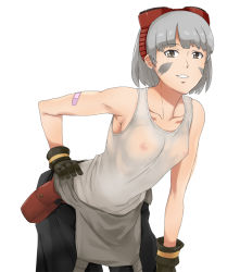Rule 34 | 10s, 1girl, bandaid, bandaid on arm, breasts, brown eyes, earrings, gloves, god eater, god eater burst, goggles, goggles on head, hamushima, hand on own hip, hip focus, jewelry, kusunoki rikka, leaning forward, nipples, no bra, nude, see-through, short hair, silver hair, small breasts, smile, solo, stud earrings, tank top