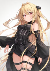 Rule 34 | 1girl, black dress, blonde hair, breasts, clothes lift, covered erect nipples, dress, hair intakes, hair ornament, highres, kakao rantan, konjiki no yami, long hair, red eyes, simple background, skirt, skirt lift, solo, standing, thigh strap, thighhighs, thighs, to love-ru, white background