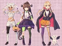 Rule 34 | blonde hair, blouse, blue eyes, boots, brown hair, cross-laced footwear, dark-skinned female, dark skin, dog, flower, hair between eyes, hair flower, hair ornament, halloween, halloween costume, highres, himeyamato, iowa (kancolle), kantai collection, lace-up boots, long hair, looking at viewer, mummy, mummy costume, musashi (kancolle), open mouth, ponytail, red eyes, self-upload, shirt, skirt, striped clothes, striped thighhighs, thighhighs, vampire, vampire costume, vertical-striped clothes, vertical-striped thighhighs, white shirt, yamato (kancolle)