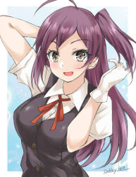 Rule 34 | 1girl, ahoge, black vest, brown eyes, collared shirt, commentary request, dress shirt, gakky, gloves, hagikaze (kancolle), kantai collection, long hair, looking at viewer, neck ribbon, one-hour drawing challenge, one side up, purple hair, red ribbon, ribbon, school uniform, shirt, solo, vest, white gloves, white shirt