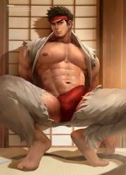 Rule 34 | 1boy, abs, absurdres, appas, bara, body hair, bulge, erection, erection under clothes, facial hair, full body, highres, large pectorals, looking at viewer, male focus, male underwear, manly, muscular, nipples, pectorals, ryu (street fighter), short hair, solo, street fighter, street fighter ii (series), stubble, thick eyebrows, thick thighs, thighs, torn clothes, underwear