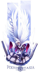 Rule 34 | 1girl, armor, armored boots, boots, breastplate, cape, commentary request, feathered wings, hair between eyes, highres, hisui (syarute), lance, pixiv fantasia, pixiv fantasia last saga, polearm, red eyes, rubble, shoulder armor, solo, vambraces, weapon, white hair, wings