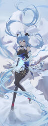 Rule 34 | 1girl, absurdres, ass, bell, black bodysuit, black gloves, blue hair, blurry, bodysuit, commentary request, depth of field, detached sleeves, full body, futaba nori, ganyu (genshin impact), genshin impact, gloves, goat horns, hair between eyes, high heels, highres, horns, knees together feet apart, long hair, long sleeves, looking at viewer, low ponytail, neck bell, orb, parted lips, purple eyes, sidelocks, solo, standing, standing on one leg, vision (genshin impact), white footwear, wide sleeves, wind