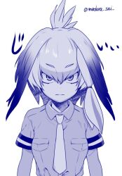 Rule 34 | 1girl, breast pocket, closed mouth, commentary request, frown, greyscale, hair between eyes, head wings, kemono friends, looking at viewer, madara sai, medium hair, monochrome, multicolored hair, necktie, pocket, shoebill (kemono friends), short sleeves, simple background, single sidelock, solo, straight-on, twitter username, upper body, wing collar, wings