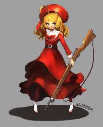 Rule 34 | 10s, 1girl, ahoge, alternate hairstyle, angry, bad id, bad pixiv id, belt, blonde hair, blue eyes, bow, buckle, dress, grey background, gun, hair down, hat, long hair, long sleeves, looking at viewer, mary janes, notte, red dress, rifle, shoes, simple background, solo, tanya degurechaff, weapon, white legwear, youjo senki