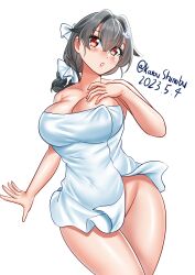 Rule 34 | 1girl, absurdres, black hair, breasts, hair flaps, hair ornament, hairclip, highres, jingei (kancolle), kantai collection, katou shinobu, large breasts, long hair, low ponytail, naked towel, red eyes, solo, towel, whale hair ornament, white background, white towel