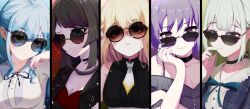 5girls :3 adjusting_eyewear aqua_eyes ave_mujica_(bang_dream!) bang_dream! bang_dream!_it&#039;s_mygo!!!!! bare_arms black_choker black_dress black_hair black_jacket black_ribbon blonde_hair blue_background blue_hair blue_ribbon blue_shirt breasts choker chromatic_aberration cleavage column_lineup commentary dress eyes_visible_through_eyewear green_background green_hair grey_shirt hand_on_own_face highres holding_own_arm jacket jewelry lace-trimmed_choker lace_trim large_breasts long_hair medium_hair misumi_uika multiple_girls neck_ribbon necklace necktie open_clothes open_jacket parted_lips pink_eyes plaid_clothes plaid_shirt purple_background purple_eyes purple_hair red_background red_shirt ribbon round_eyewear shirt short_hair smile spaghetti_strap sparkle sunglasses tanuki_(pixiv33822028) togawa_sakiko upper_body wakaba_mutsumi white_necktie white_shirt yahata_umiri yellow_background yellow_eyes yuutenji_nyamu