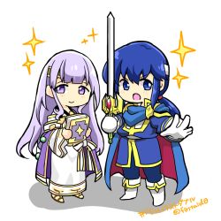 Rule 34 | 1boy, 1girl, blue eyes, blue hair, book, brother and sister, chibi, circlet, fire emblem, fire emblem: genealogy of the holy war, headband, holding, holding book, holding sword, holding weapon, julia (fire emblem), long hair, looking at viewer, nintendo, open mouth, purple eyes, purple hair, seliph (fire emblem), siblings, simple background, sword, tyrfing (fire emblem), weapon, white headband, yukia (firstaid0)