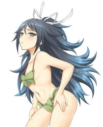 Rule 34 | 10s, 1girl, adapted costume, aqua eyes, bare legs, big hair, black hair, blush, breasts, from side, hair ribbon, hand on own hip, hand on thigh, hands on legs, kantai collection, katsuragi (kancolle), lang (chikage36), leaning forward, long hair, looking at viewer, parted lips, ponytail, ribbon, sideboob, simple background, small breasts, solo, white background