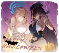 Rule 34 | 2girls, asuna (blue archive), bandages, black hair, black headwear, blue archive, blue eyes, blue halo, breasts, clothing cutout, fingernails, hair between eyes, hair over one eye, halloween, halloween costume, halo, happy halloween, hat, heart cutout, highres, jiangshi costume, joker0744g, karin (blue archive), large breasts, light brown hair, long hair, multiple girls, mummy costume, nail polish, naked bandage, ofuda, open mouth, patchwork skin, pelvic curtain, purple halo, purple nails, smile, yellow eyes