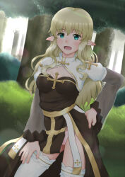 Rule 34 | 1girl, aoi hito, arch bishop (ragnarok online), arrow cross, blonde hair, blue eyes, blurry, blurry background, blush, breasts, bush, cleavage, cleavage cutout, clothing cutout, commentary request, contrapposto, cowboy shot, cross, dress, dutch angle, fishnet thighhighs, fishnets, forest, frilled thighhighs, frills, hand on own hip, juliet sleeves, long hair, long sleeves, looking at viewer, medium breasts, nature, open mouth, outdoors, panties, pantyshot, pelvic curtain, pink panties, pointy ears, puffy sleeves, ragnarok online, sash, sidelocks, smile, solo, thighhighs, tree, two-tone dress, underwear, wavy hair, white dress, white thighhighs, yellow sash