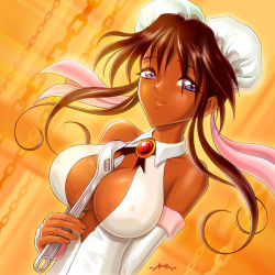 Rule 34 | 1990s (style), 1girl, artist name, artist request, between breasts, blue eyes, breasts, brooch, brown hair, bun cover, burn-up, burn-up excess, burn-up w, chain, cleavage, cleavage cutout, clothing cutout, dark skin, dark-skinned female, detached sleeves, double bun, dress, dutch angle, covered erect nipples, halterneck, jewelry, large breasts, long hair, looking at viewer, nanvel candlestick, no bra, purple eyes, ribbon, smile, solo, wrench