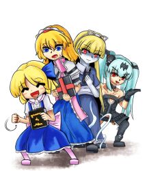 Rule 34 | 4girls, alice (megami tensei), alice (queen&#039;s gate), alice margatroid, alice margatroid (pc-98), atlus, blonde hair, blue eyes, blue hair, book, child, crossover, dress, female focus, hair ribbon, hairband, long hair, megami tensei, multiple crossover, multiple girls, name connection, pale skin, queen&#039;s blade, queen&#039;s gate, red eyes, ribbon, shin megami tensei, touhou, touhou (pc-98), twintails