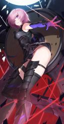 Rule 34 | 1girl, armor, armored boots, armored dress, bare shoulders, black leotard, black thighhighs, boots, breasts, clenched teeth, elbow gloves, fate/grand order, fate (series), gloves, goomrrat, hair over one eye, highleg, highleg leotard, highres, large breasts, leotard, light purple hair, looking at viewer, mash kyrielight, outstretched arm, purple eyes, purple gloves, shield, short hair, solo, teeth, thigh strap, thighhighs, thighs