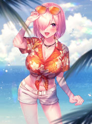 Rule 34 | 1girl, belt, blurry, blush, branch, breasts, buckle, cleavage, cloud, collarbone, collared shirt, cosplay, cowboy shot, crop top, cutoffs, day, denim, denim shorts, depth of field, eyewear on head, fate/grand order, fate (series), floral print, front-tie top, fujimaru ritsuka (female), fujimaru ritsuka (female) (cosplay), fujimaru ritsuka (female) (tropical summer), glasses, hair over one eye, hand on own head, hand up, happy, hawaiian shirt, highres, jewelry, large breasts, leaf print, lens flare, light particles, light purple hair, looking at viewer, mash kyrielight, midriff, moe (hamhamham), navel, necklace, ocean, official alternate costume, open mouth, outdoors, print shirt, purple eyes, purple hair, red shirt, shirt, short hair, short shorts, short sleeves, shorts, sky, smile, solo, standing, stomach, straight hair, sunglasses, taut clothes, taut shirt, tied shirt, tropical summer (fate), water, water drop, white-framed eyewear, white belt, white shorts, wing collar