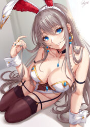 Rule 34 | 1girl, animal ears, arm strap, bare shoulders, black choker, blue eyes, blush, breasts, brown thighhighs, choker, cleavage, commentary request, covered navel, earrings, fake animal ears, grey hair, hair ornament, hairband, hand up, highleg, highleg leotard, highres, jewelry, large breasts, leotard, long hair, looking at viewer, nail polish, original, parted lips, playboy bunny, rabbit ears, ring, sakiyamama, signature, smile, solo, thighhighs, thighs, white hairband, white nails, wrist cuffs