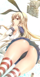 Rule 34 | 10s, 1girl, animal ears, armpits, ass, bad id, bad pixiv id, bent over, black panties, blonde hair, crotch, dutch angle, elbow gloves, fake animal ears, from behind, gloves, hair ribbon, kantai collection, long hair, looking at viewer, looking back, open mouth, panties, pleated skirt, rabbit ears, rensouhou-chan, ribbon, sailor collar, school uniform, serafuku, shimakaze (kancolle), shiny skin, skirt, solo, striped clothes, striped thighhighs, thigh gap, thighhighs, thighs, thong, underwear, water, white gloves, zucchini