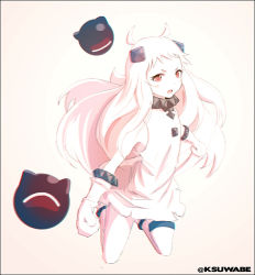 Rule 34 | 10s, 1girl, abyssal ship, ahoge, anklet, blush stickers, border, chromatic aberration, colored skin, dress, horns, jewelry, k-suwabe, kantai collection, long hair, mittens, northern ocean princess, open mouth, red eyes, solo, thigh strap, twitter username, white dress, white hair, white skin