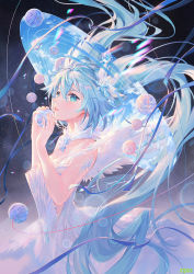 Rule 34 | 1girl, abstract, atdan, bare shoulders, blue eyes, blue hair, blue ribbon, blue sky, blush, breasts, cleavage, cowboy shot, crystal, detached collar, dress, feathered wings, fingernails, floating hair, from side, hair between eyes, hair ornament, halo, hatsune miku, highres, holding, long hair, looking at viewer, medium breasts, orb, parted lips, planet, planetary ring, pleated dress, ribbon, sky, solo, space, twintails, very long hair, vocaloid, white dress, white wings, wings