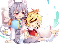 Rule 34 | 2girls, animal ears, basket, blonde hair, blue capelet, blush, capelet, closed eyes, commentary request, fang, grey hair, grey shirt, grey skirt, hand on another&#039;s head, highres, jewelry, kibayashi kimori, long sleeves, looking at another, lower teeth only, lying on person, mouse (animal), mouse ears, mouse tail, multicolored hair, multiple girls, nazrin, no shoes, on ground, open mouth, outstretched arms, outstretched legs, pants, parted lips, pendant, red eyes, red skirt, red vest, shirt, short hair, simple background, sitting, skirt, skirt set, socks, streaked hair, sweatdrop, tail, teeth, toramaru shou, touhou, vest, white background, white legwear, white pants, white shirt