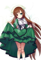 Rule 34 | 00s, 1girl, brown hair, doll joints, gothic lolita, green eyes, heterochromia, highres, joints, lolita fashion, long hair, red eyes, rozen maiden, simple background, smile, solo, suiseiseki, very long hair, white background, yaguo