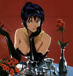 Rule 34 | 1girl, absurdres, breasts, cowboy bebop, dress, faye valentine, female focus, highres, kawamoto toshihiro, lipstick, makeup, red background, smile, tagme