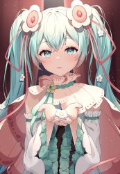 Rule 34 | 1girl, blue hair, commentary request, detached sleeves, dress, flower, green eyes, hair between eyes, hair flower, hair ornament, hands up, hatsune miku, highres, holding, holding flower, long sleeves, looking at viewer, magical mirai (vocaloid), magical mirai miku, magical mirai miku (2021), parted lips, sleeveless, sleeveless dress, solo, twintails, upper body, vocaloid, white dress, white flower, white sleeves, wide sleeves, yumenone (conectarts)