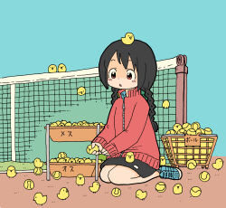 Rule 34 | 1girl, :&lt;, animal, animal on head, bird, black hair, black skirt, blue footwear, blush stickers, braid, chick, chick girl (yukimoto shuuji (gurigura)), commentary request, highres, holding, holding animal, jacket, long sleeves, low twintails, on head, original, parted lips, pink jacket, red eyes, seiza, shoes, sitting, skirt, sleeves past wrists, solo, tennis, tennis court, tennis net, triangle mouth, twin braids, twintails, yukimoto shuuji (gurigura)