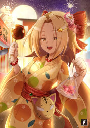 1girl :d apple_hair_ornament bag bagged_fish bead_bracelet bead_necklace beads blonde_hair bow bracelet candy_apple festival fireworks fish flower food food-themed_hair_ornament hair_bow hair_flower hair_ornament highres japanese_clothes jewelry kimono kyouyama_anna mask necklace night open_mouth outdoors pitdpprs red_bow shaman_king smile solo standing teng_zhai_zi torii unworn_mask wide_sleeves yellow_eyes yellow_kimono yukata