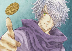 Rule 34 | 1boy, blue background, coin, coin flip, gold coin, green eyes, hair over one eye, looking at viewer, male focus, midnight-zero, octopath traveler, octopath traveler i, purple robe, robe, therion (octopath traveler), upper body, white hair