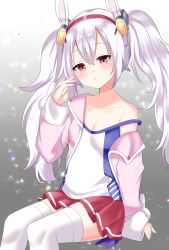 Rule 34 | 1girl, animal ears, azur lane, bow, breasts, camisole, collarbone, commentary request, hair between eyes, hair ornament, hairband, head tilt, jacket, laffey (azur lane), long hair, long sleeves, looking at viewer, misaki (misaki86), off shoulder, open clothes, open jacket, parted lips, pink jacket, pleated skirt, rabbit ears, red eyes, red hairband, red skirt, silver hair, skirt, sleeves past wrists, small breasts, solo, strap slip, thighhighs, twintails, very long hair, white camisole, white thighhighs