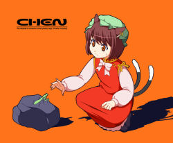 Rule 34 | 1girl, animal ears, bonnet, brown eyes, brown hair, cat ears, cat girl, cat tail, character name, chen, earrings, female focus, hat, jewelry, multiple tails, praying mantis, rock, short hair, simple background, solo, tail, touhou