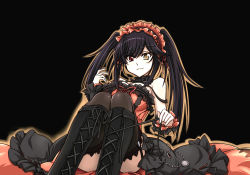 Rule 34 | 10s, 1girl, artist request, bare shoulders, black hair, boots, breasts, choker, clock eyes, date a live, dress, female focus, gothic lolita, hairband, highres, lolita fashion, lolita hairband, sitting, solo, symbol-shaped pupils, thighhighs, tokisaki kurumi, twintails