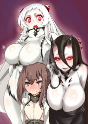 Rule 34 | 10s, 3girls, :o, abyssal ship, airfield princess, aoi manabu, battleship princess, blush, breast envy, breast rest, breasts, breasts on head, cleavage, collar, full-face blush, glowing, glowing eyes, hanging breasts, heart, heart-shaped pupils, heavy breathing, horns, huge breasts, ijimeka (meme), kantai collection, large breasts, looking down, meme, multiple girls, pale skin, purple background, red eyes, skin-covered horns, smile, sweat, symbol-shaped pupils, taihou (kancolle), tears, trembling, wavy mouth