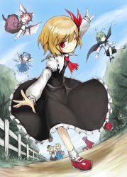 Rule 34 | 6+girls, :d, ;), alice margatroid, antennae, ascot, black skirt, blonde hair, blue bow, blue dress, blue eyes, blue hair, blue sky, blush, bobby socks, bow, cape, cirno, day, detached wings, dress, fence, green eyes, green hair, hair bow, hair ribbon, hairband, hat, hat bow, heart, highres, ice, ice wings, kirisame marisa, komeiji koishi, looking at viewer, multiple girls, mystia lorelei, one eye closed, open mouth, outdoors, outstretched arms, pink hair, red ascot, red eyes, red footwear, red hair, red ribbon, ribbon, rumia, sekibanki, shoes, short hair, shorts, skirt, skirt set, sky, smile, socks, spark621, team 9 (touhou), third eye, touhou, vest, white bow, white legwear, wings, witch hat, wriggle nightbug, yukkuri shiteitte ne