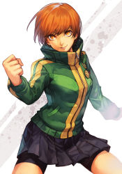 Rule 34 | 1girl, bike shorts, brown eyes, brown hair, clenched hand, closed mouth, green jacket, hungry clicker, jacket, looking at viewer, persona, persona 4, satonaka chie, school uniform, short hair, skirt, smile, solo, standing, track jacket