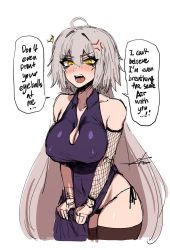 Rule 34 | 1girl, ^^^, anger vein, angry, bare shoulders, black panties, blush, breasts, brown thighhighs, cleavage, covered erect nipples, cowboy shot, detached sleeves, dress, english text, fate/grand order, fate (series), fishnet sleeves, fishnets, hair between eyes, highres, j.k., jeanne d&#039;arc (fate), jeanne d&#039;arc alter (avenger) (fate), jeanne d&#039;arc alter (fate), large breasts, looking at viewer, open mouth, panties, purple dress, side-tie panties, simple background, solo, standing, thighhighs, underwear, white background, yellow eyes