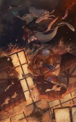 Rule 34 | 1girl, 2boys, action, armor, bird, black hair, braid, breastplate, brown hair, building, burning, burning building, cape, carrying, city, closed eyes, cloud, commentary, crescent moon, dark, destruction, embers, fantasy, fire, greaves, halberd, hand on own chest, hat, helmet, highres, karadoa (infukun), knight, long hair, mecha, moon, multiple boys, multiple girls, night, oca, open mouth, outstretched hand, pixiv fantasia, pixiv fantasia t, polearm, princess carry, robot, running, scenery, silhouette, sky, smoke, twin braids, war, weapon, wind, windmill