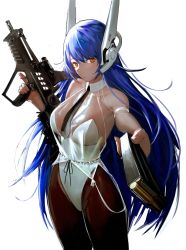 Rule 34 | 1girl, absurdres, assault rifle, blue hair, bullpup, ganet p, girls&#039; frontline, gun, highres, holding, holding magazine (weapon), iwi tavor, leotard, long hair, magazine (weapon), necktie, official alternate costume, pantyhose, playboy bunny, rifle, robot ears, see-through, tar-21 (girls&#039; frontline), tar-21 (night at the bar) (girls&#039; frontline), tavor tar-21, weapon, white background, white leotard, yellow eyes