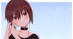 Rule 34 | 1girl, ayanami (warship girls r), bad id, bad pixiv id, black collar, brown hair, closed mouth, collar, collarbone, ero mang-a, expressionless, hair between eyes, hair ornament, hairclip, hands up, head tilt, holding, looking at viewer, portrait, purple shirt, red eyes, shadow, shirt, short hair, simple background, solo, warship girls r